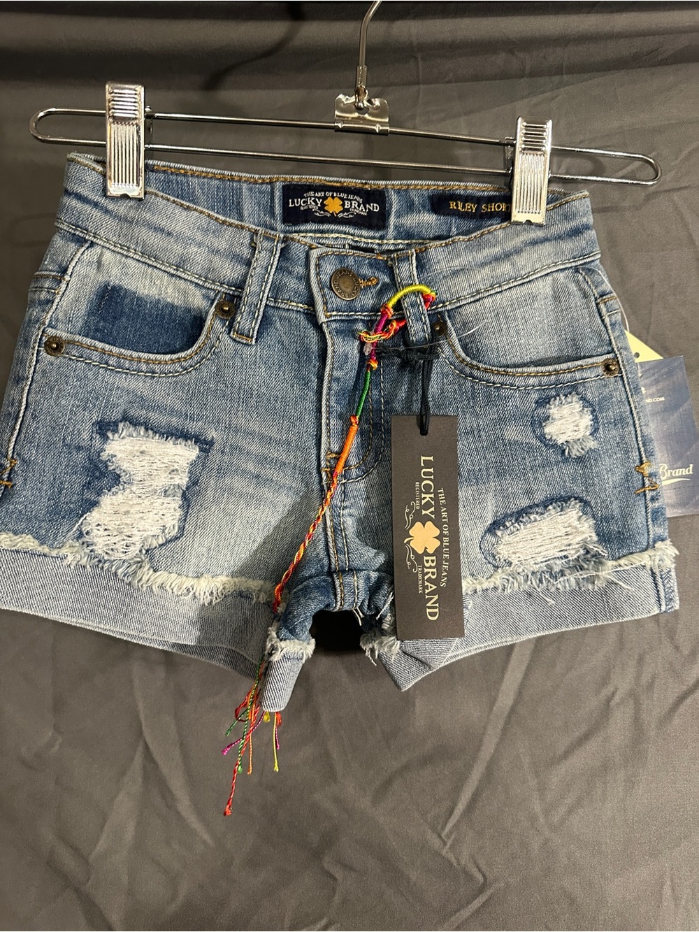Lucky Brand Light Blue Distressed Denim Jean Shorts with Colorful Tie